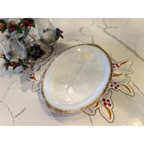 Fire King Tree of Life Meat Platter milk glass with gold edge rim 11x15 - Picture 7 of 9